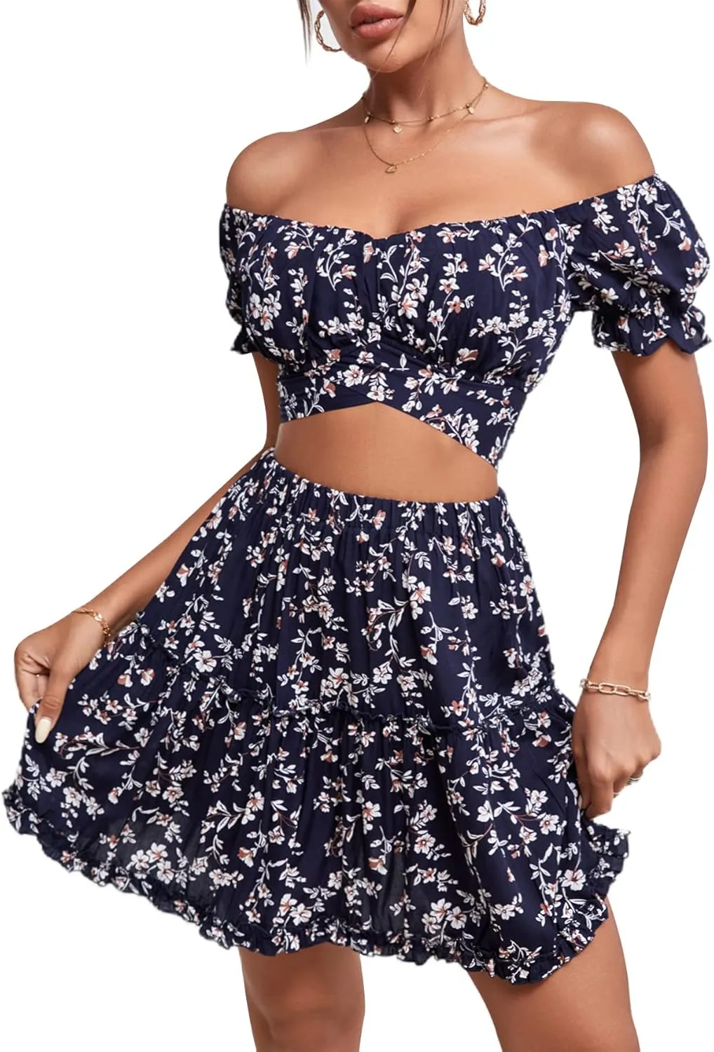 LYANER Women's 2 Piece Outfits Floral Off Shoulder Tie Up Crop Top and Mini Skirt Set