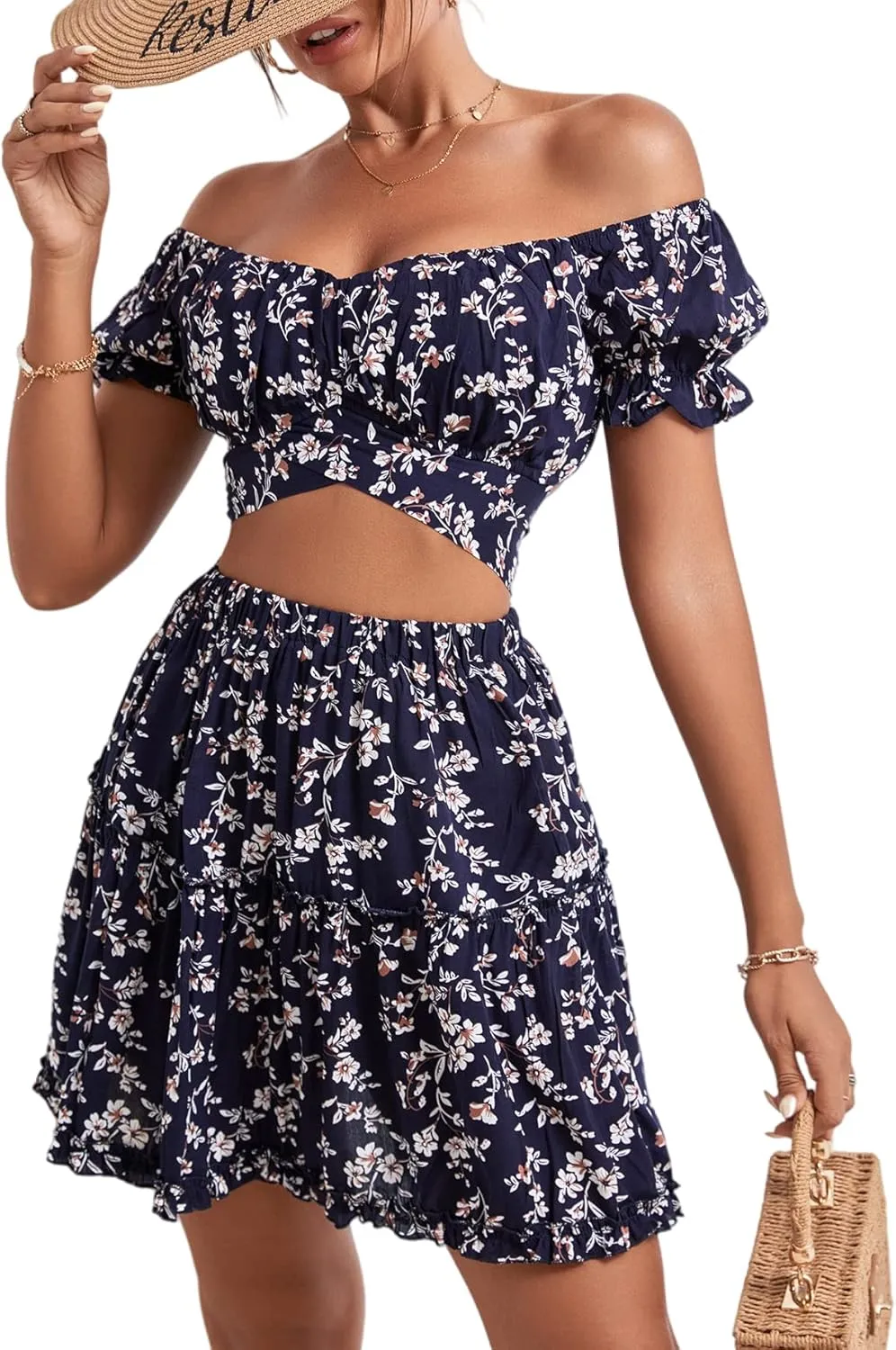 LYANER Women's 2 Piece Outfits Floral Off Shoulder Tie Up Crop Top and Mini Skirt Set