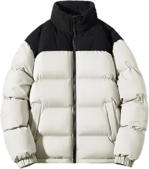 Men Color Matching Stand Collar Cotton-Padded Thick Casual Warm Zipper Long Sleeve Parka Coat