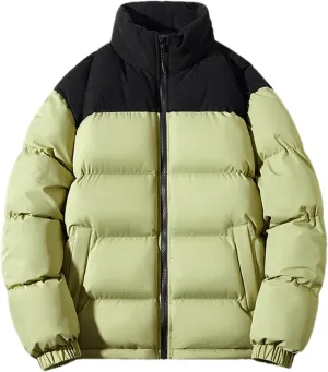 Men Color Matching Stand Collar Cotton-Padded Thick Casual Warm Zipper Long Sleeve Parka Coat