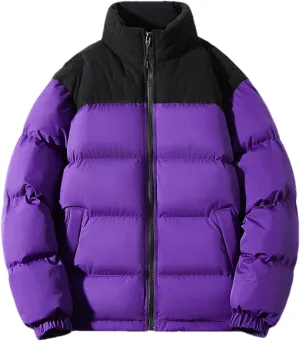 Men Color Matching Stand Collar Cotton-Padded Thick Casual Warm Zipper Long Sleeve Parka Coat