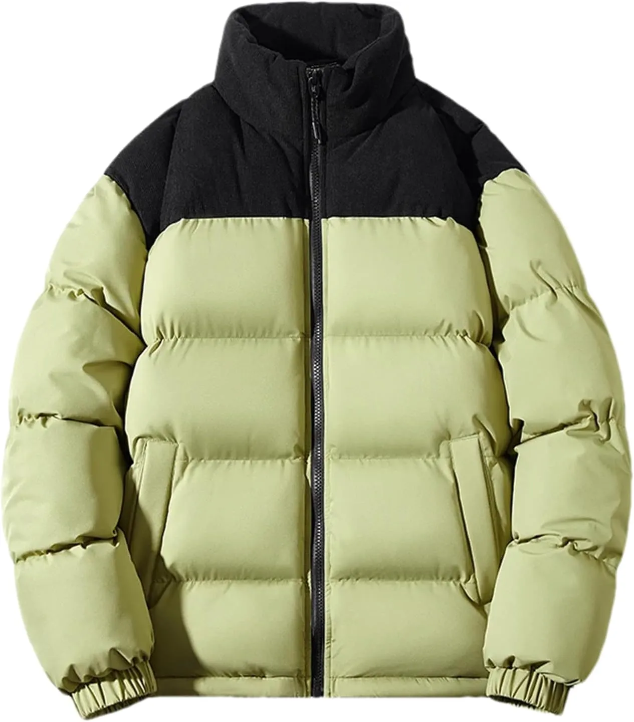 Men Color Matching Stand Collar Cotton-Padded Thick Casual Warm Zipper Long Sleeve Parka Coat