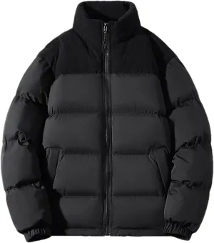 Men Color Matching Stand Collar Cotton-Padded Thick Casual Warm Zipper Long Sleeve Parka Coat