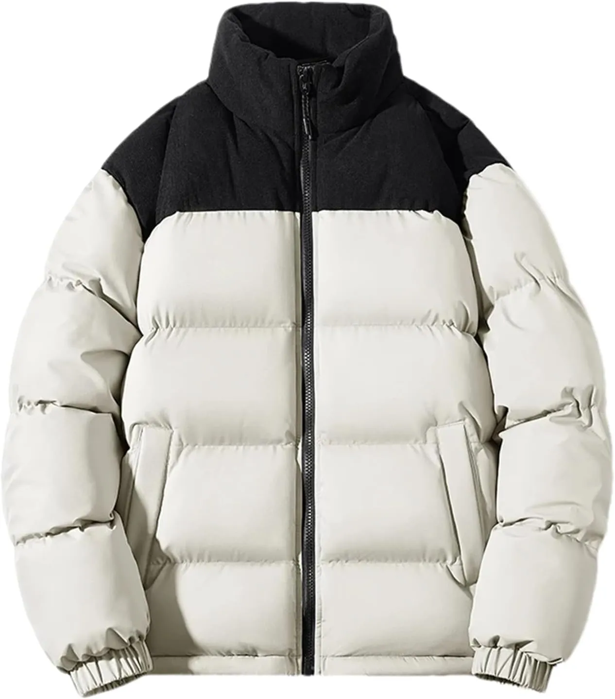 Men Color Matching Stand Collar Cotton-Padded Thick Casual Warm Zipper Long Sleeve Parka Coat