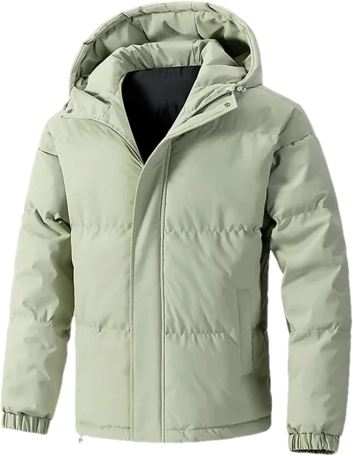 Men Hooded Solid Stand Collar Cotton-Padded Thick Warm Casual Button Zipper Parka Coat
