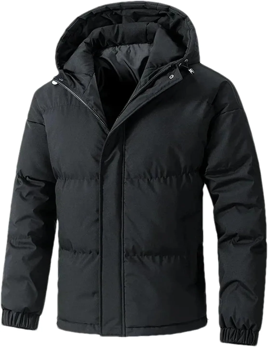 Men Hooded Solid Stand Collar Cotton-Padded Thick Warm Casual Button Zipper Parka Coat