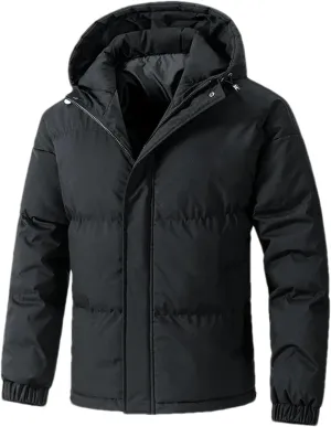 Men Hooded Solid Stand Collar Cotton-Padded Thick Warm Casual Button Zipper Parka Coat