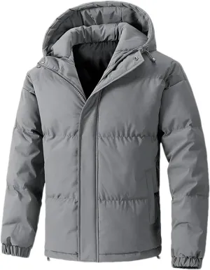 Men Hooded Solid Stand Collar Cotton-Padded Thick Warm Casual Button Zipper Parka Coat