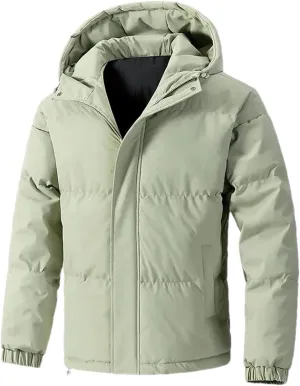 Men Hooded Solid Stand Collar Cotton-Padded Thick Warm Casual Button Zipper Parka Coat