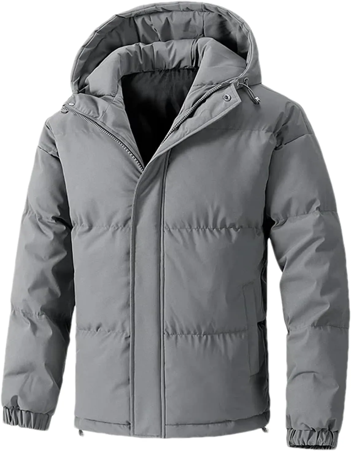 Men Hooded Solid Stand Collar Cotton-Padded Thick Warm Casual Button Zipper Parka Coat