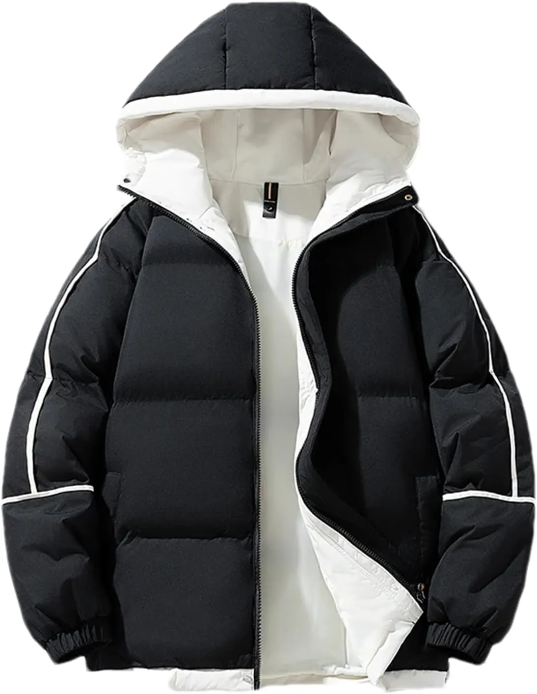Men Hooded Stand Collar Cotton-Padded Thick Warm Casual Patchwork Long Sleeve Parka Coat