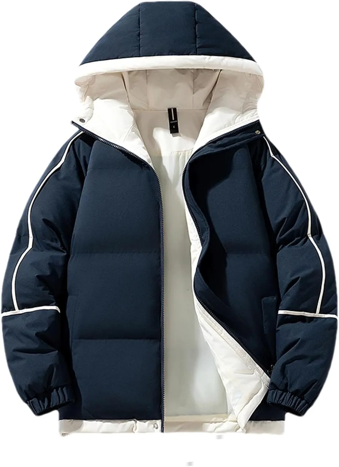 Men Hooded Stand Collar Cotton-Padded Thick Warm Casual Patchwork Long Sleeve Parka Coat