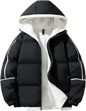 Men Hooded Stand Collar Cotton-Padded Thick Warm Casual Patchwork Long Sleeve Parka Coat