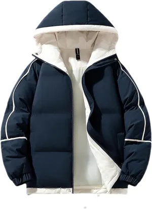 Men Hooded Stand Collar Cotton-Padded Thick Warm Casual Patchwork Long Sleeve Parka Coat
