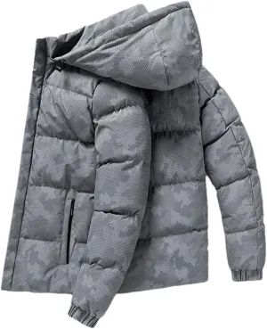 Men Hooded Stand Collar Solid Printing Cotton-Padded Thick Warm Casual Parka Coat