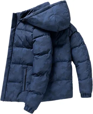 Men Hooded Stand Collar Solid Printing Cotton-Padded Thick Warm Casual Parka Coat