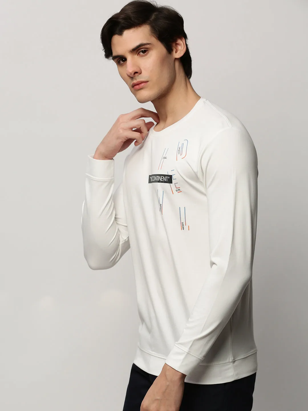 Men White Typography Printed Round Neck Cotton Pullover