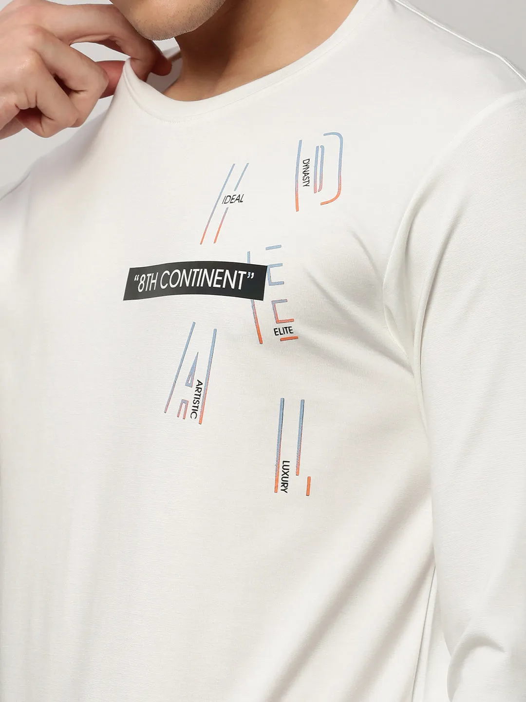 Men White Typography Printed Round Neck Cotton Pullover