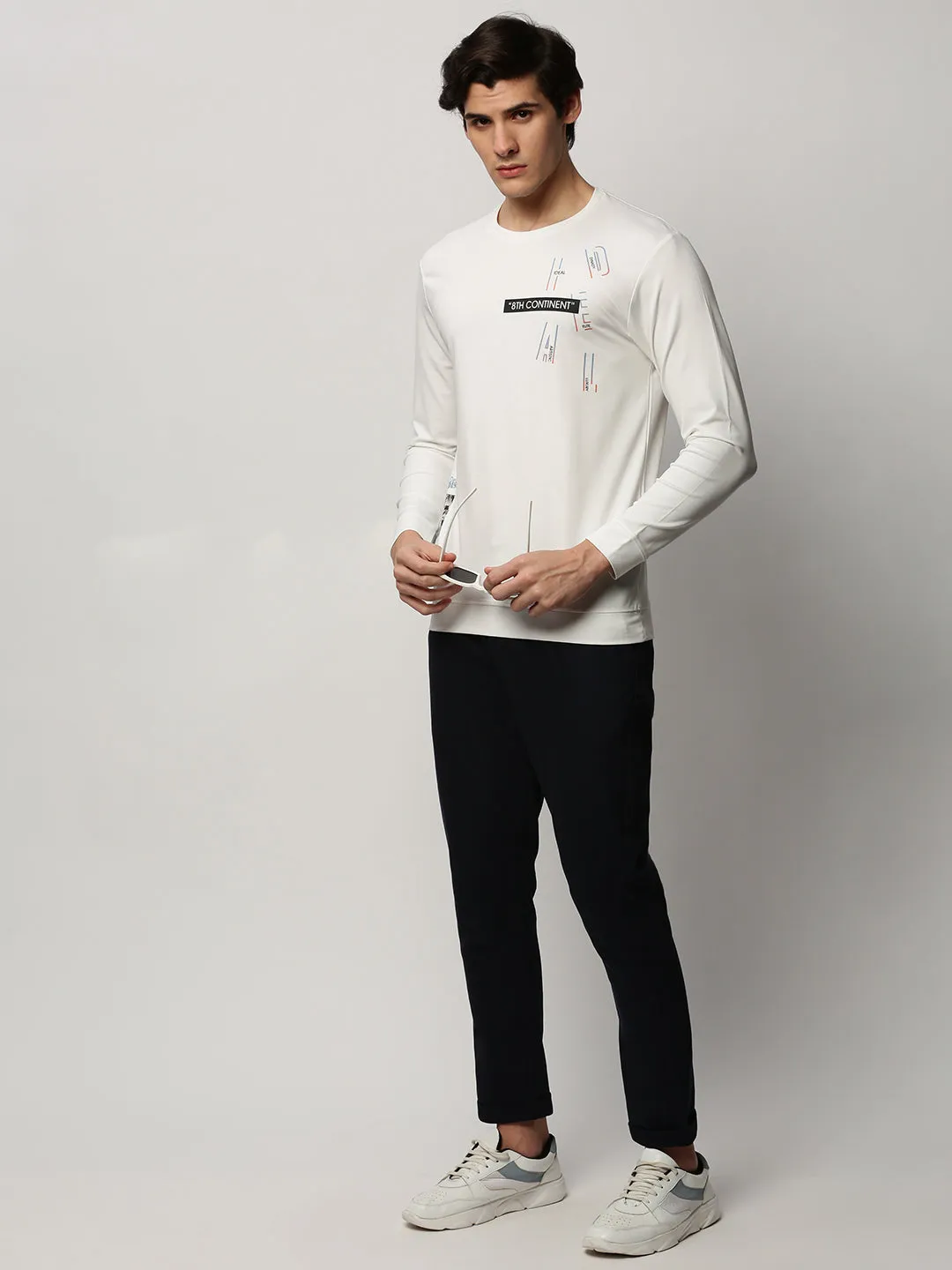 Men White Typography Printed Round Neck Cotton Pullover