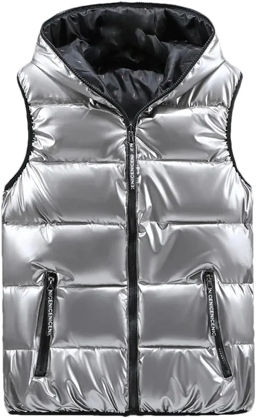 Men Winter V-Neck Vests Outdoor Hooded Glossy Cotton Padded Sleeveless Coat Thick Warm Waistcoat