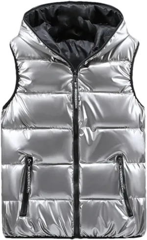 Men Winter V-Neck Vests Outdoor Hooded Glossy Cotton Padded Sleeveless Coat Thick Warm Waistcoat