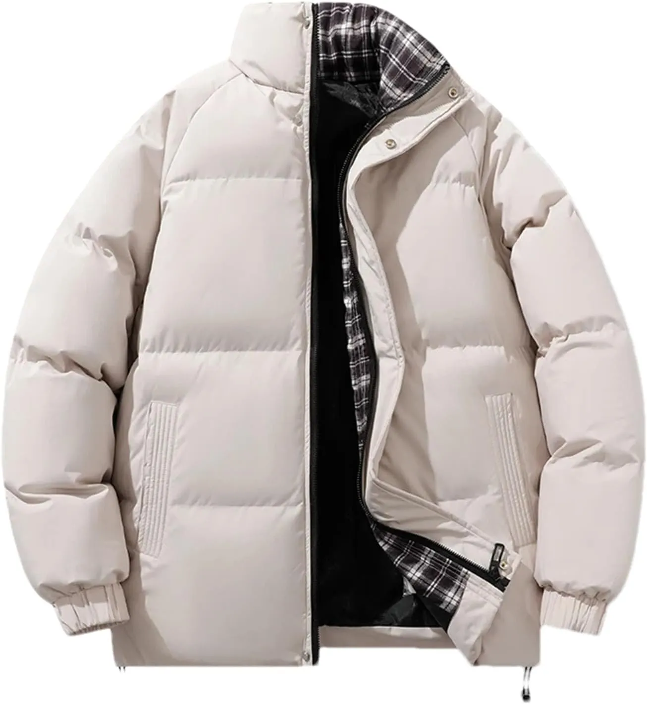 Men's Button Standing Collar Thick Cotton-Padded Vintage Warm Zipper Patchwork Parka Coat