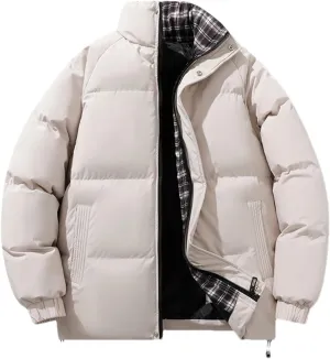 Men's Button Standing Collar Thick Cotton-Padded Vintage Warm Zipper Patchwork Parka Coat