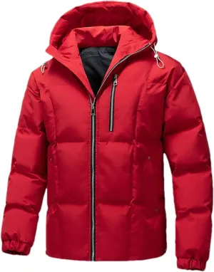 Men's Drawstring Hooded Solid Cotton-Padded Vintage Zipper Pockets Warm Parka Coat
