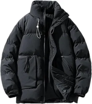 Men's Drawstring Stand Collar Solid Cotton-Padded Vintage Thick Warm Big Pocket Parka Coat