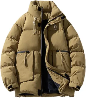 Men's Drawstring Stand Collar Solid Cotton-Padded Vintage Thick Warm Big Pocket Parka Coat