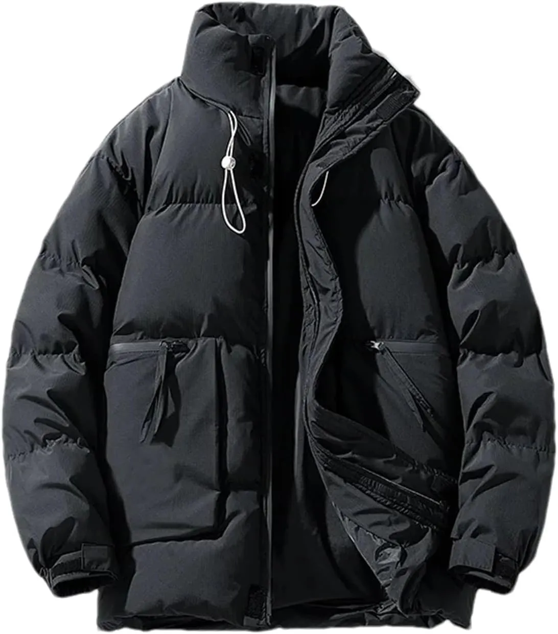 Men's Drawstring Stand Collar Solid Cotton-Padded Vintage Thick Warm Big Pocket Parka Coat