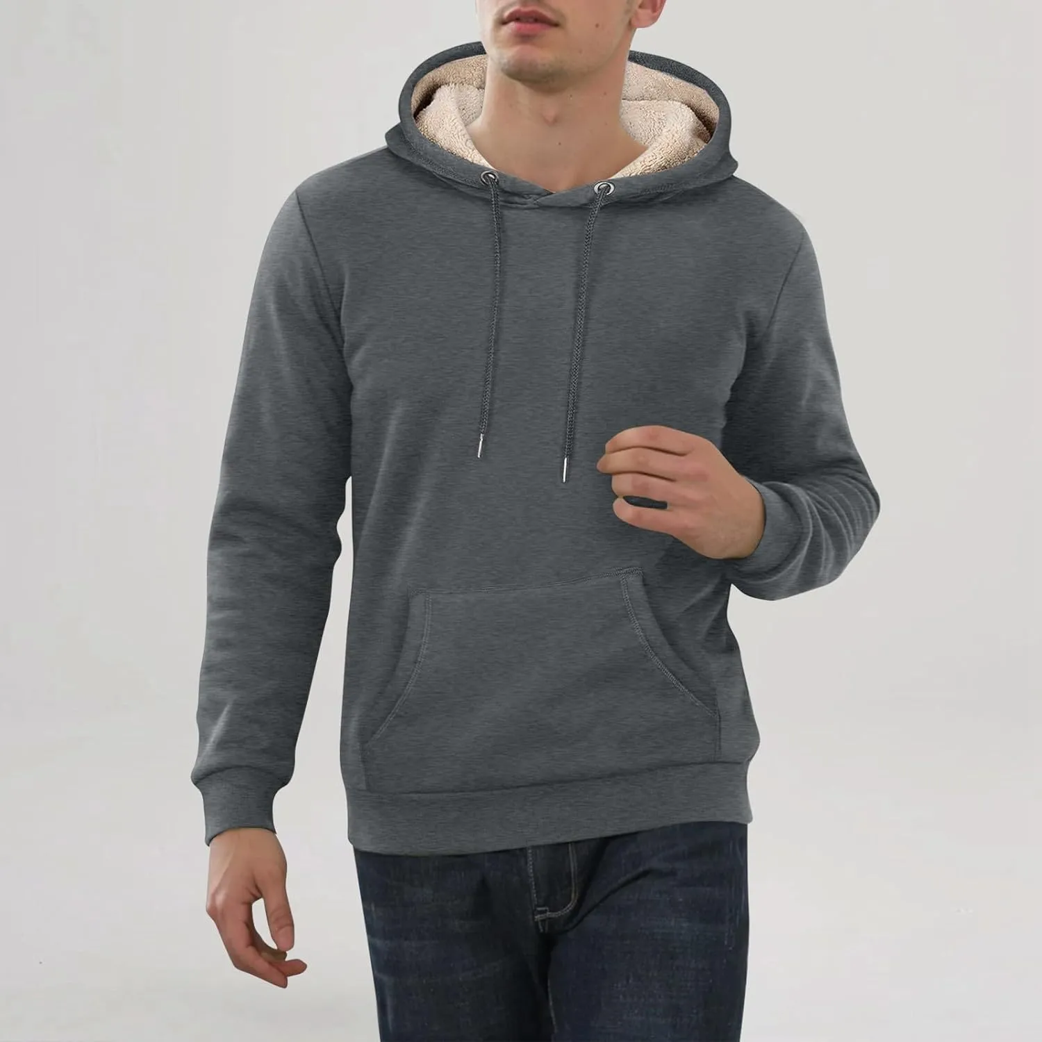Mens Hoodies Winter Warm Pullover Long Sleeve Sherpa Hooded Sweatshirt Thick Plush Athletic Sweatshirts with Pockets