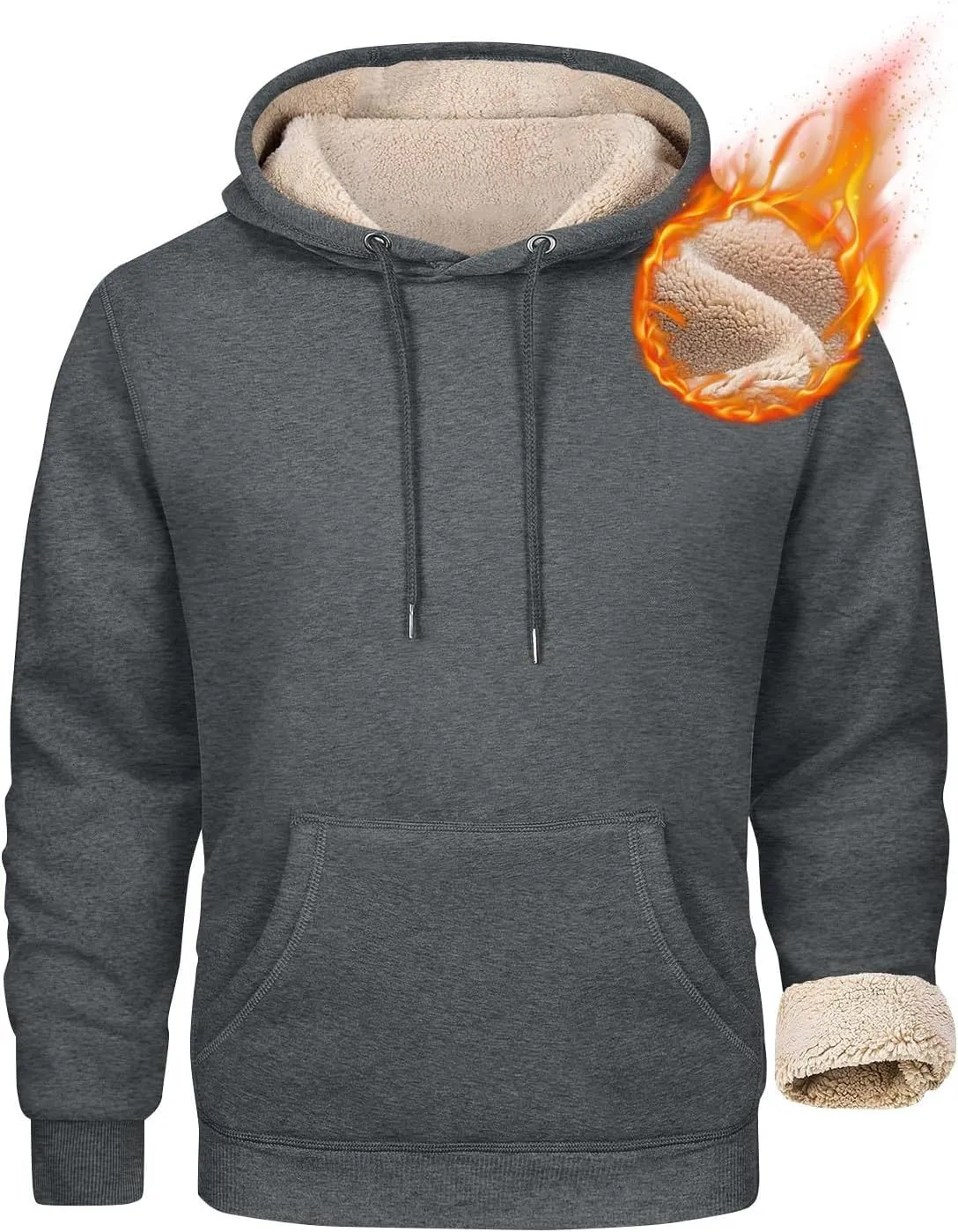 Mens Hoodies Winter Warm Pullover Long Sleeve Sherpa Hooded Sweatshirt Thick Plush Athletic Sweatshirts with Pockets