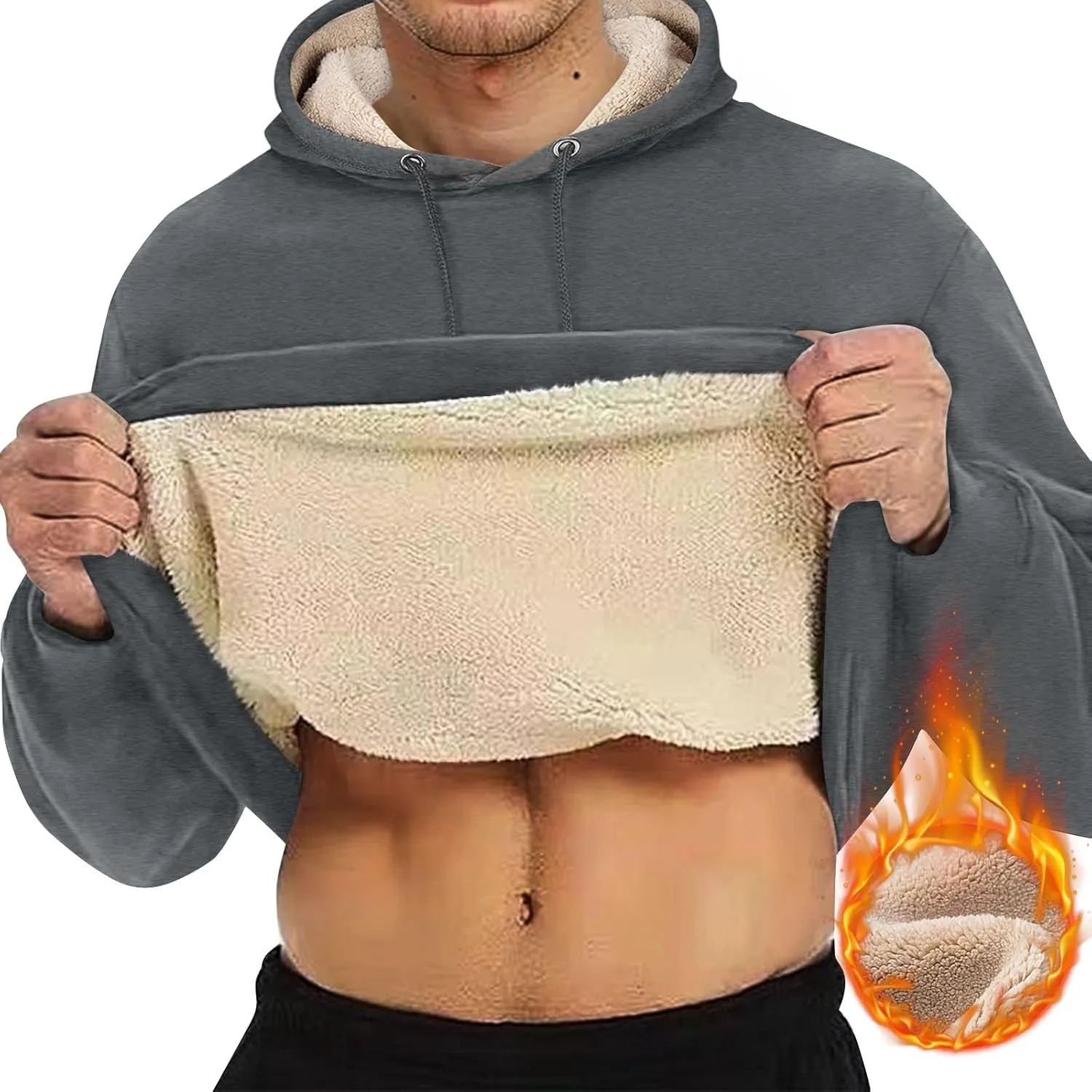 Mens Hoodies Winter Warm Pullover Long Sleeve Sherpa Hooded Sweatshirt Thick Plush Athletic Sweatshirts with Pockets