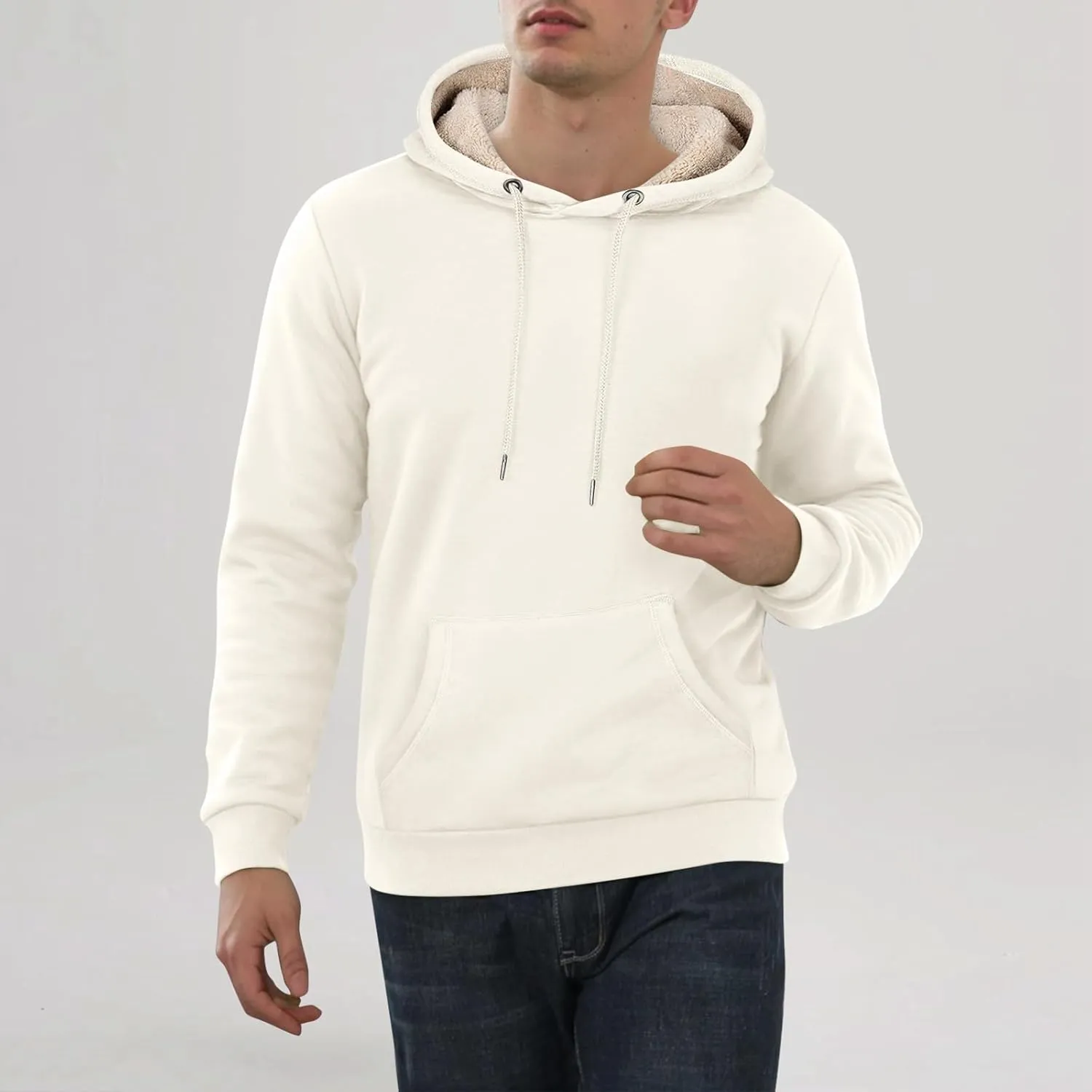 Mens Hoodies Winter Warm Pullover Long Sleeve Sherpa Hooded Sweatshirt Thick Plush Athletic Sweatshirts with Pockets