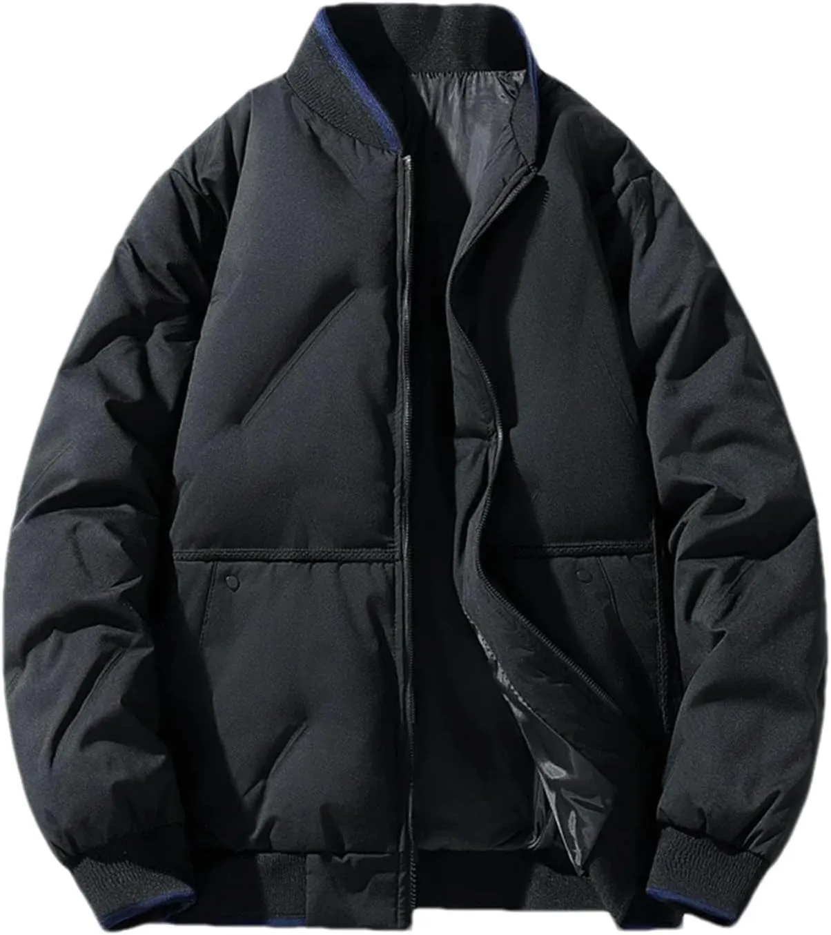 Men's Mock Neck Patchwork Zipper Cotton-Padded Vintage Thick Pockets Long Sleeve Parka Coat