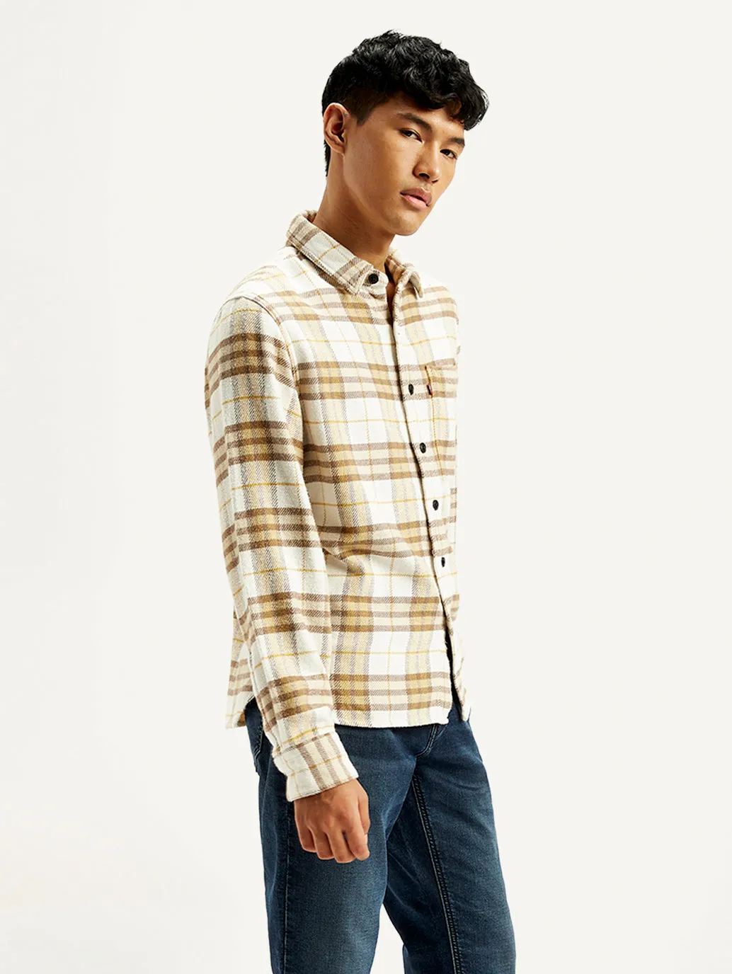 Men's Plaid Cream Relaxed Fit Jacket