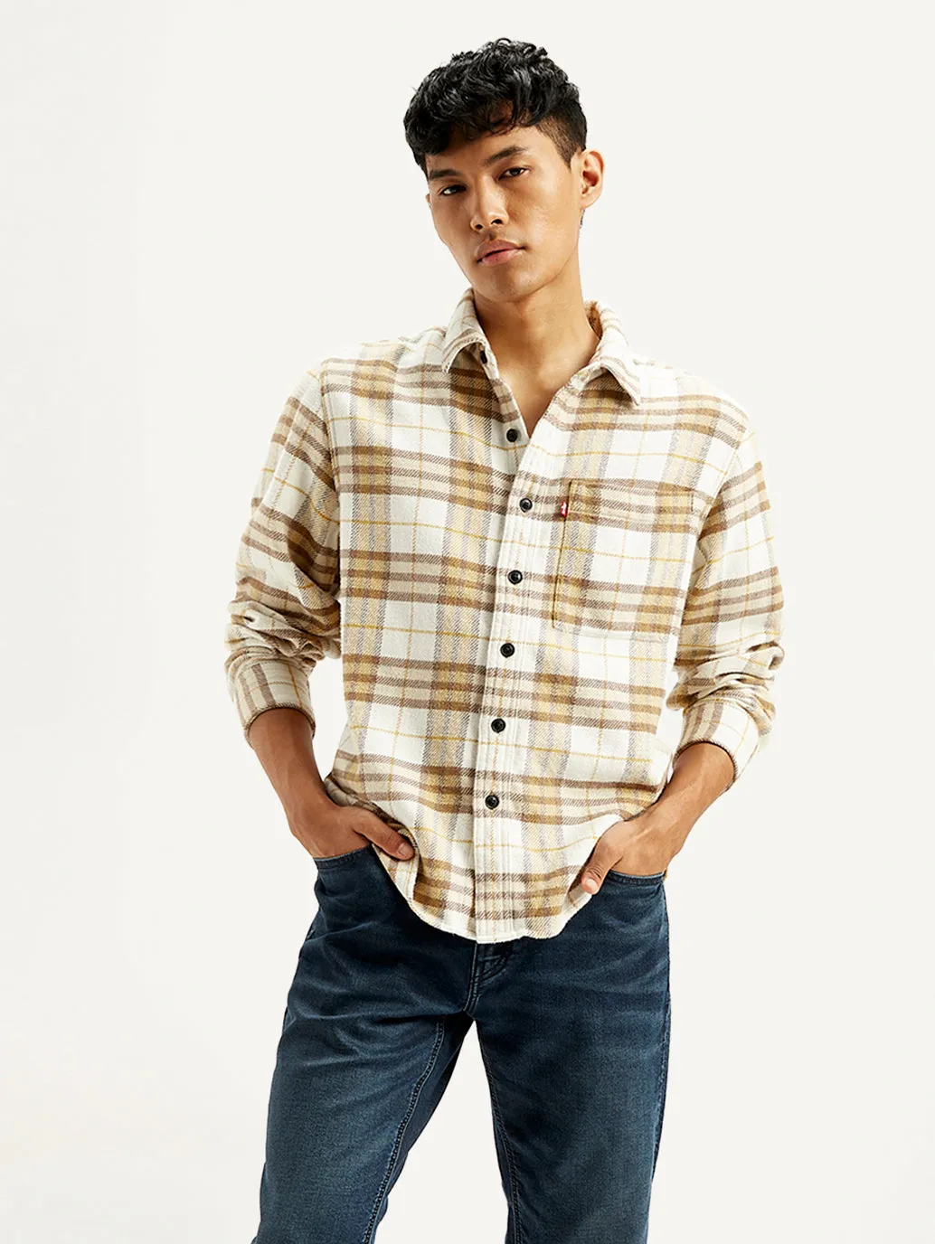 Men's Plaid Cream Relaxed Fit Jacket