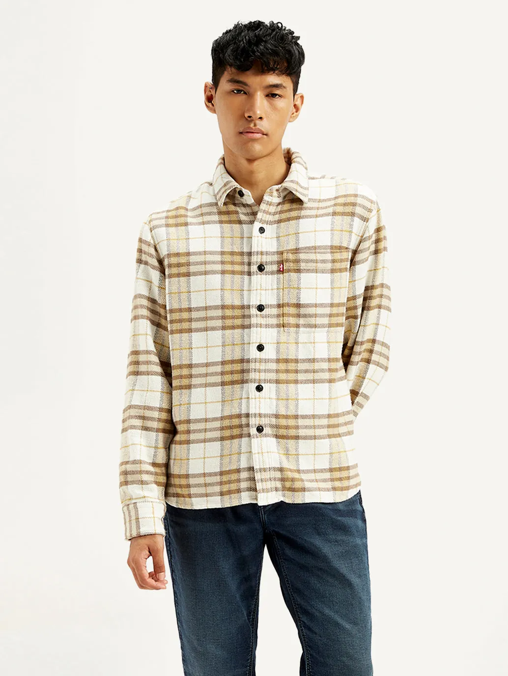 Men's Plaid Cream Relaxed Fit Jacket