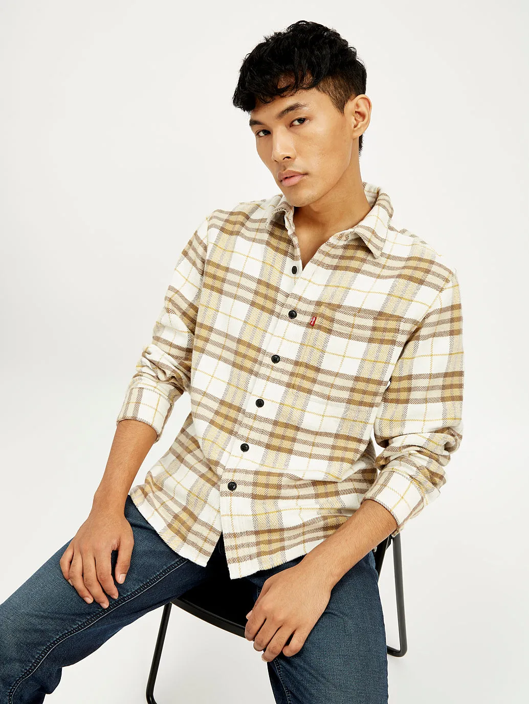 Men's Plaid Cream Relaxed Fit Jacket