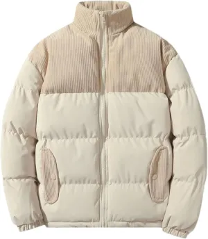 Men's Spliced Corduroy Stand Collar Cotton-Padded Vintage Solid Color Warm Parka Coat