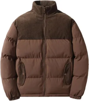 Men's Spliced Corduroy Stand Collar Cotton-Padded Vintage Solid Color Warm Parka Coat
