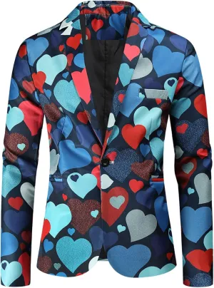 Mens Valentine's Day Tuxedo Jacket Wedding Blazer Love Heart Print One Button Dress Suit Dinner Floral Tuxedo Jacket