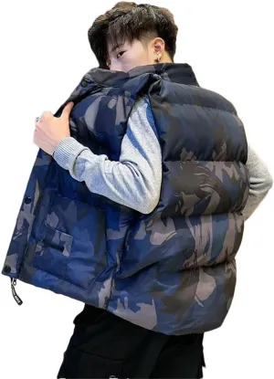 Men's Vest Coat Thick Windproof Camo1 Sleeveless Jacket Collar Down Cotton Padded Vest