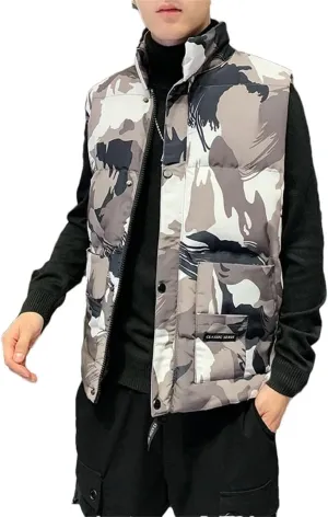 Men's Vest Coat Thick Windproof Camo1 Sleeveless Jacket Collar Down Cotton Padded Vest