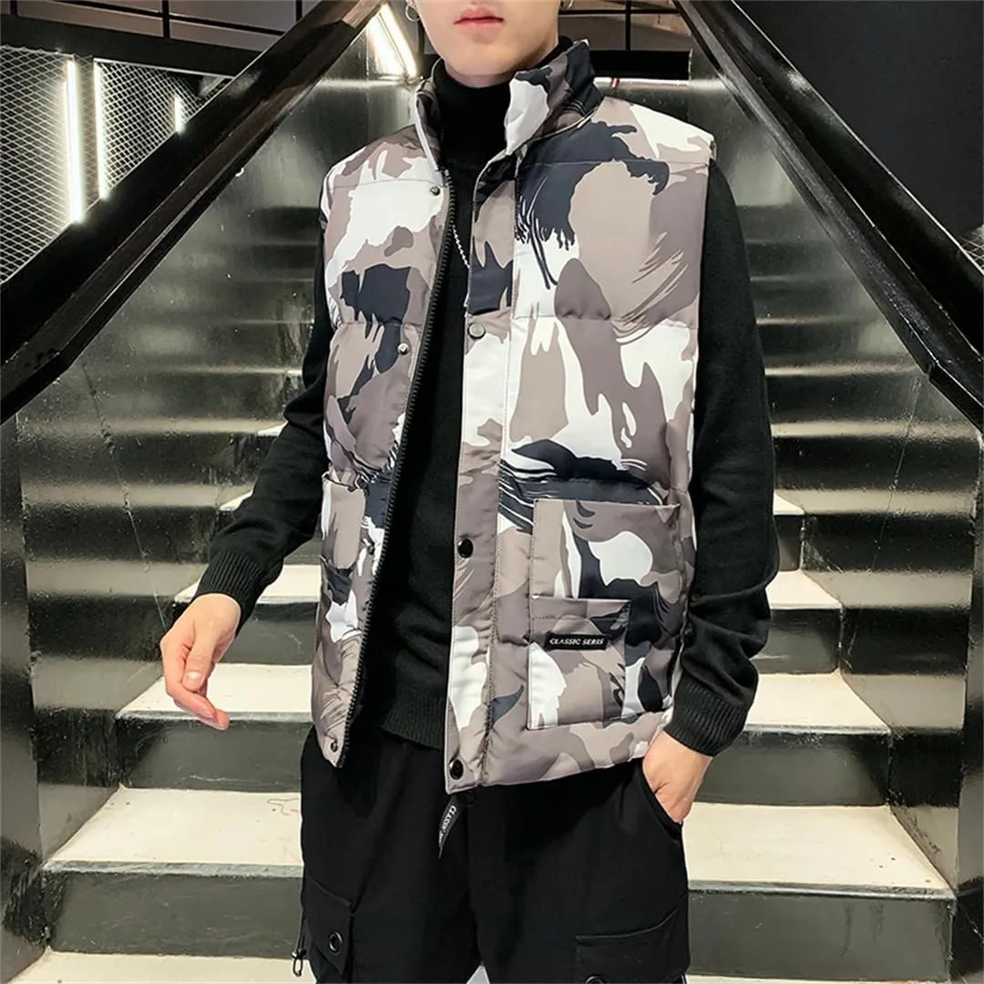 Men's Vest Coat Thick Windproof Camo1 Sleeveless Jacket Collar Down Cotton Padded Vest
