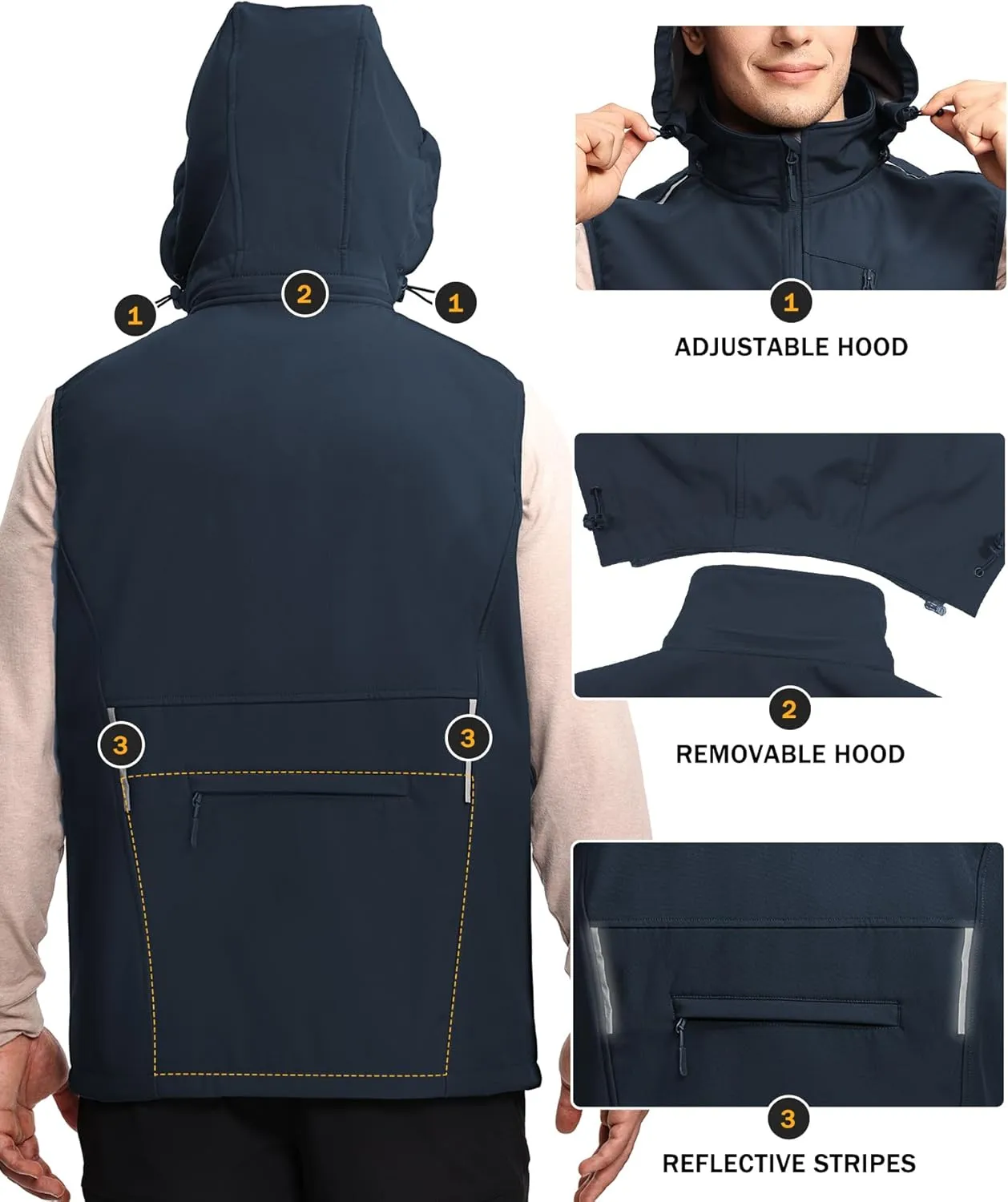 Mens Vests Outerwear Removable Hood Windproof Golf Vests for Men Softshell Sleeveless Jacket with 6 Pockets