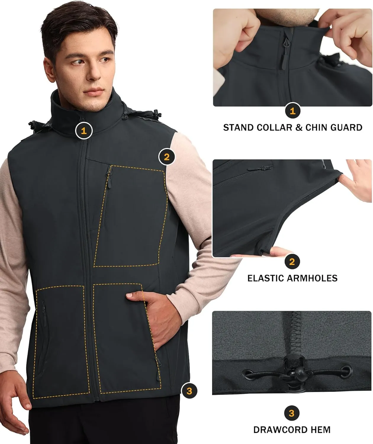 Mens Vests Outerwear Removable Hood Windproof Golf Vests for Men Softshell Sleeveless Jacket with 6 Pockets