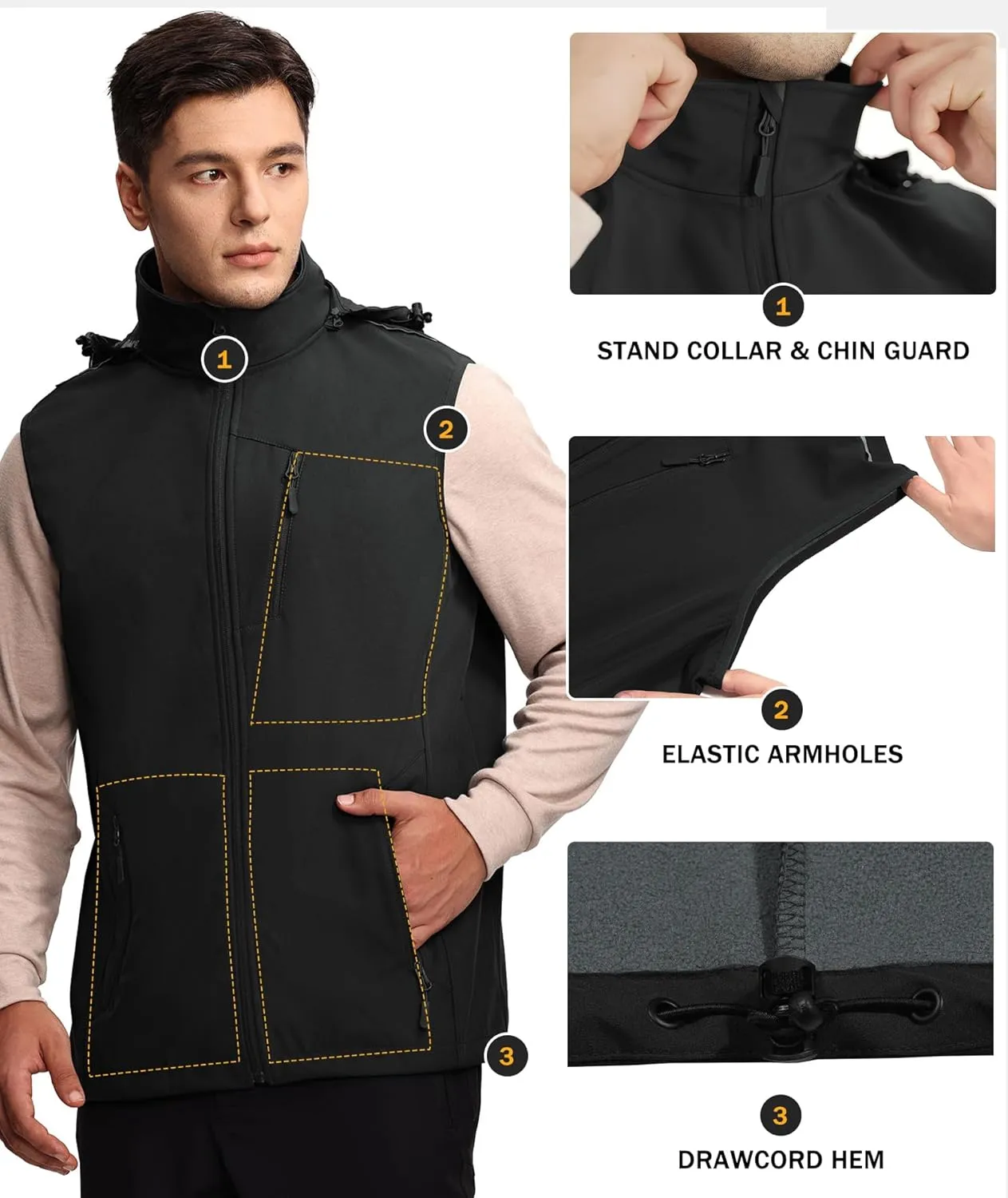 Mens Vests Outerwear Removable Hood Windproof Golf Vests for Men Softshell Sleeveless Jacket with 6 Pockets