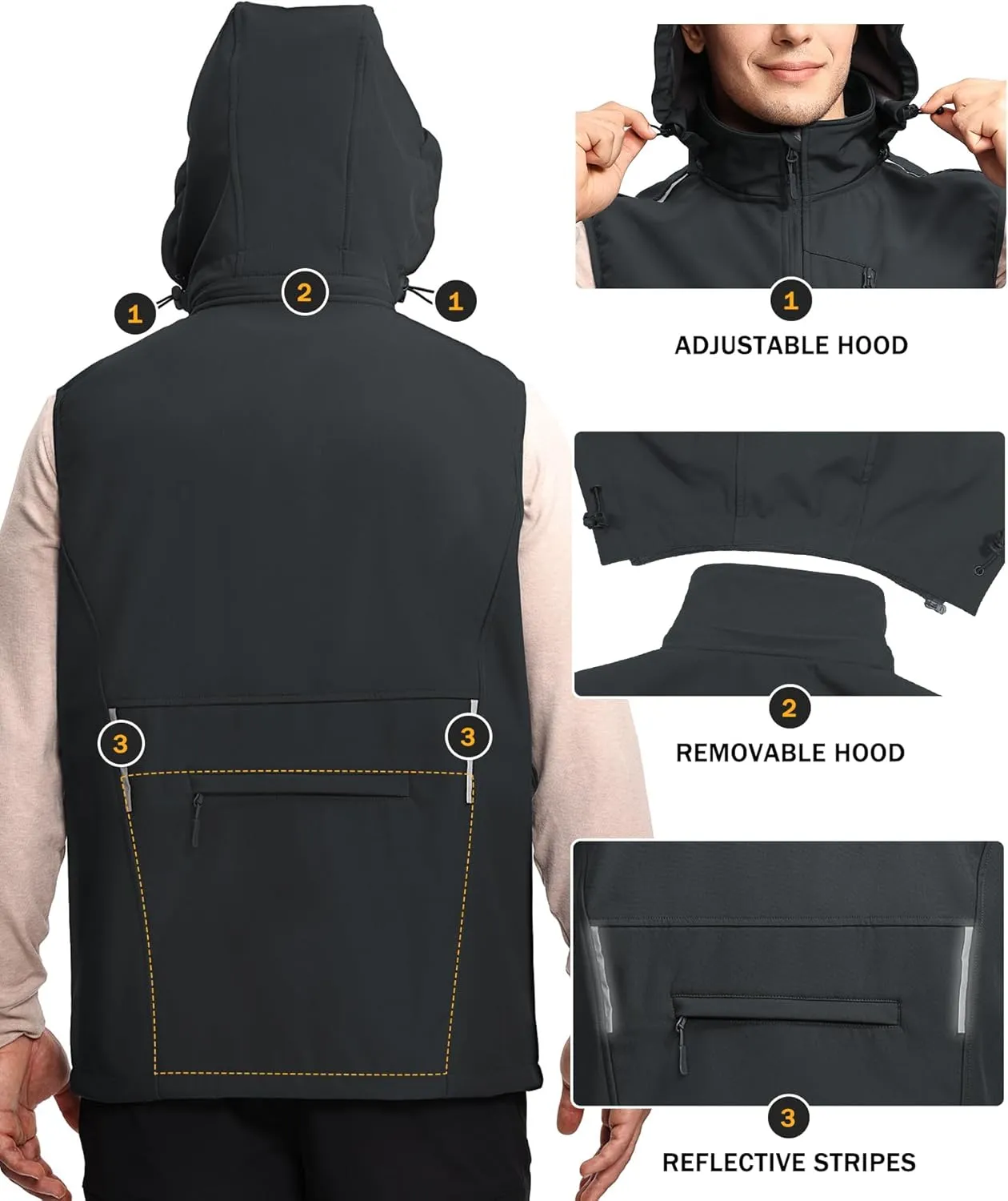 Mens Vests Outerwear Removable Hood Windproof Golf Vests for Men Softshell Sleeveless Jacket with 6 Pockets